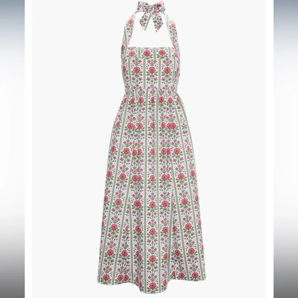 Hill House Fleur Floral Halter Midi Dress in White and Pink - Picture 3 of 5